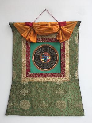 Mantra Mandala Mounted on Beautiful Green Flower Motif Silk Brocade
